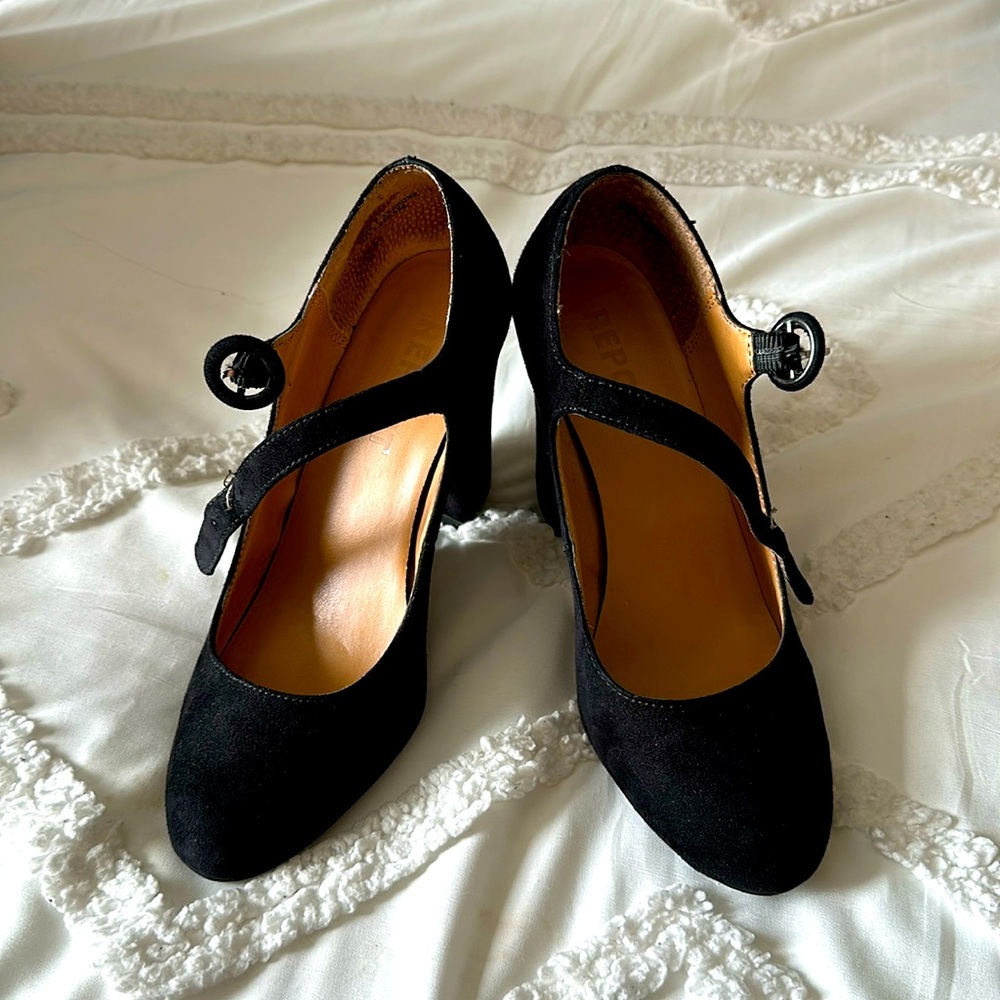 Black Buckle Block Heels